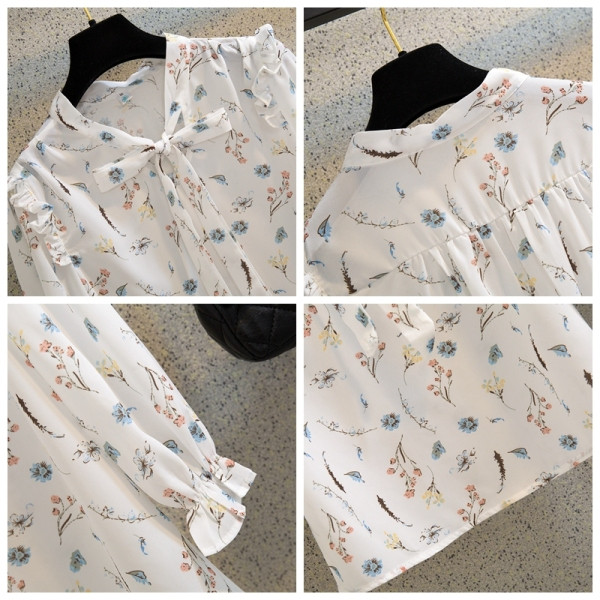 Madinga moteriška palaidinė su kaspinu, gėlių raštu ir 3/4 rankovėmis