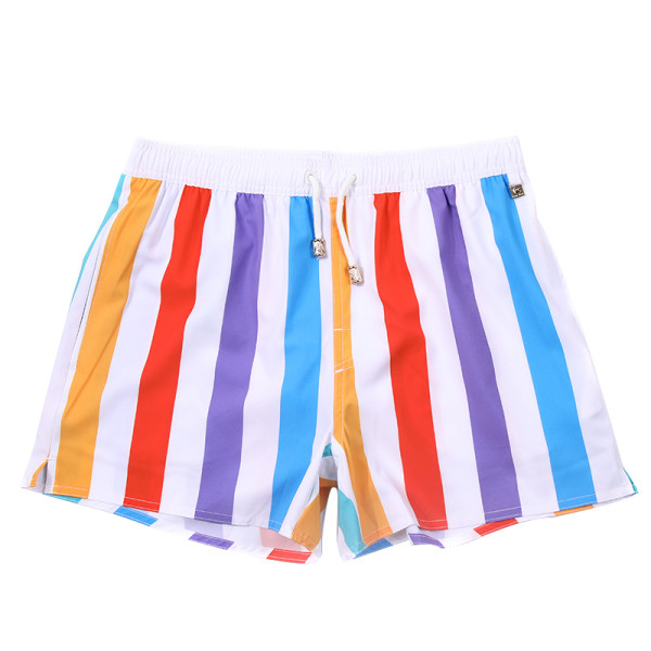 Актуални мъжки плажни шорти с цветно райе и еластична талия