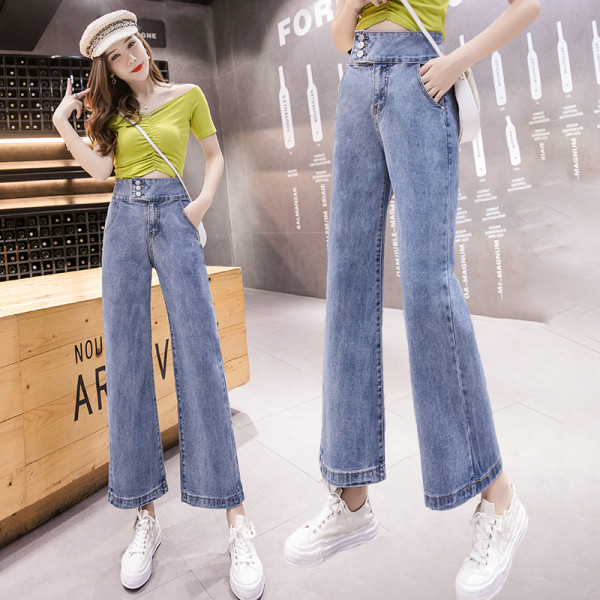 Modern női hosszú farmernadrág magas derékkal és kék zsebekkel