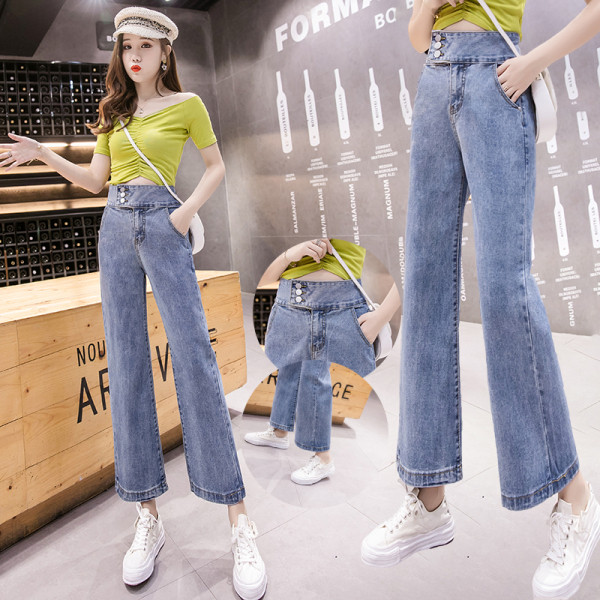 Modern női hosszú farmernadrág magas derékkal és kék zsebekkel