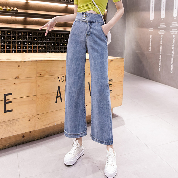 Modern női hosszú farmernadrág magas derékkal és kék zsebekkel