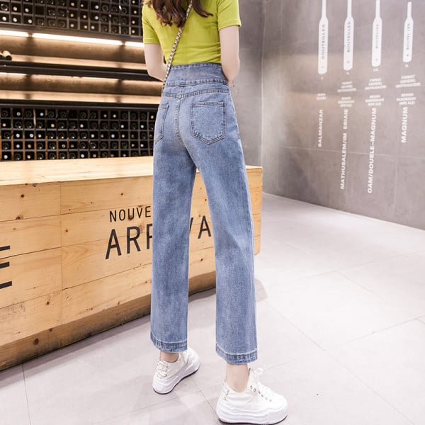 Modern női hosszú farmernadrág magas derékkal és kék zsebekkel