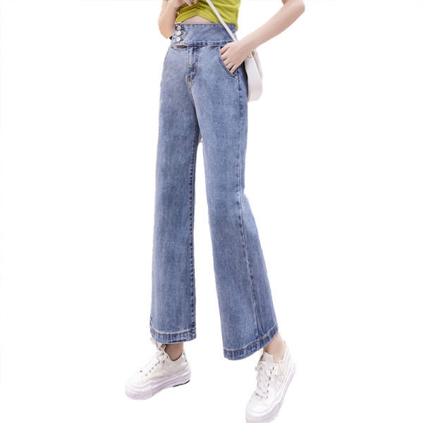 Modern női hosszú farmernadrág magas derékkal és kék zsebekkel