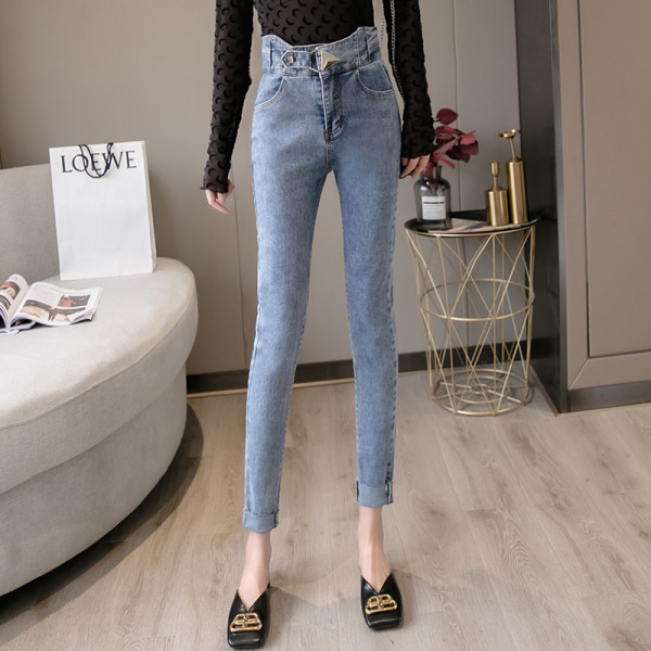 Ikdienas sieviešu džinsi ar augstu vidukli -Slaids modelis