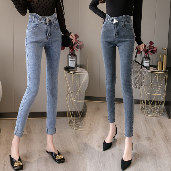 Ikdienas sieviešu džinsi ar augstu vidukli -Slaids modelis