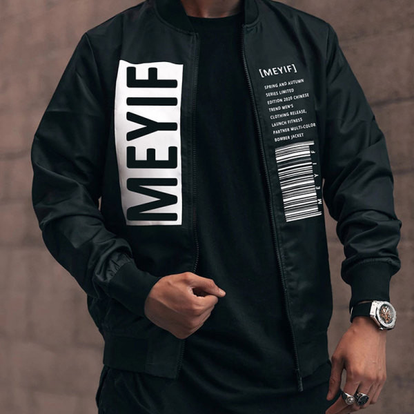 Geaca de barbati rezistenta la vant cu guler oval, fermoar si aplicatii