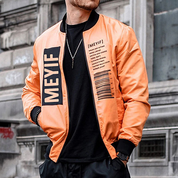 Geaca de barbati rezistenta la vant cu guler oval, fermoar si aplicatii