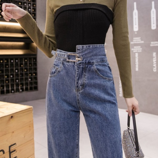 Sieviešu ikdienas garie džinsi ar kabatām un augstu vidukli
