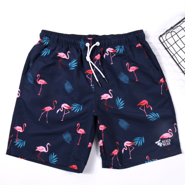 Мъжки плажни шорти с еластична талия, връзки и цветен десен с фламинго