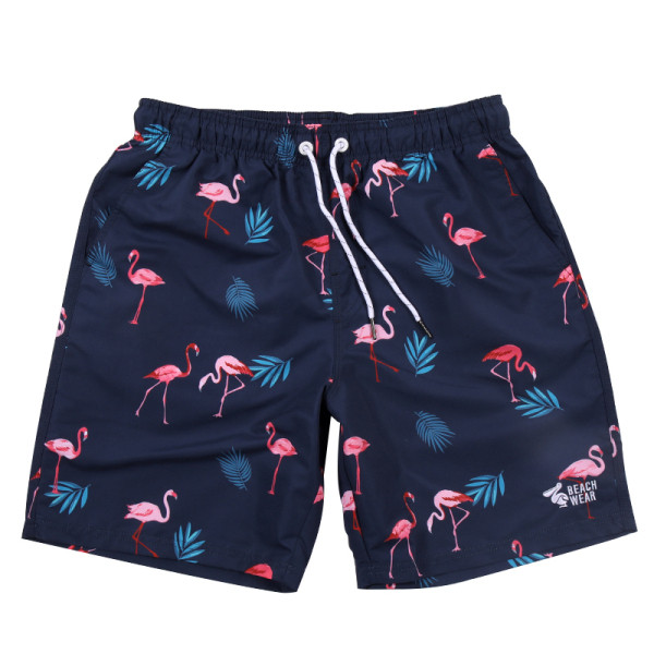Мъжки плажни шорти с еластична талия, връзки и цветен десен с фламинго