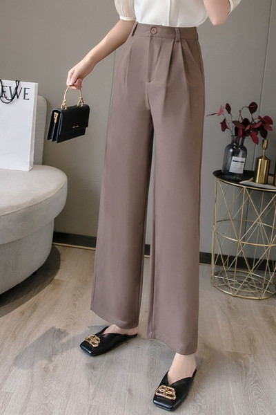 Sieviešu ikdienas bikses ar augstu vidukli un pogām - plats modelis