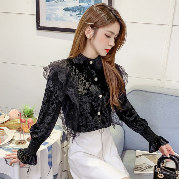 Stilingi moteriški aksominiai marškiniai su nėriniais ir sagomis