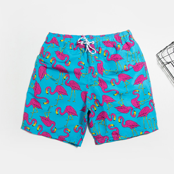 Costum de baie pentru bărbați cu talie elastică și model colorat cu flamingo