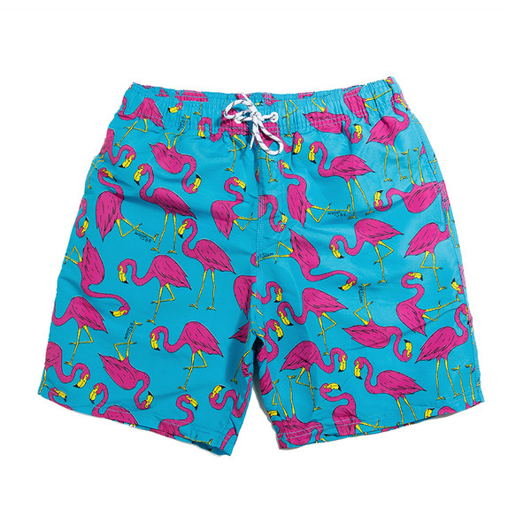 Costum de baie pentru bărbați cu talie elastică și model colorat cu flamingo