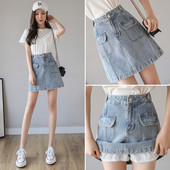 Ikdienas sieviešu īsi džinsa svārki ar kabatām un augstu vidukli