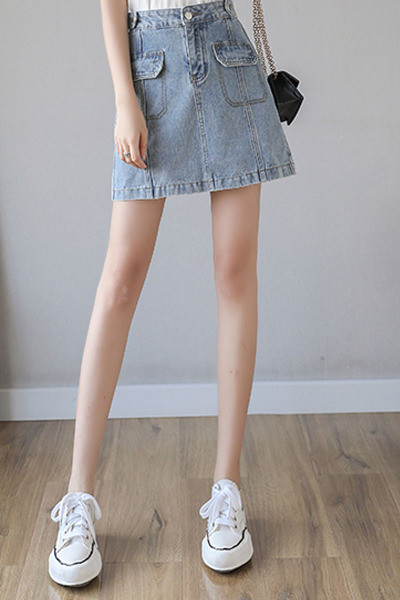 Ikdienas sieviešu īsi džinsa svārki ar kabatām un augstu vidukli