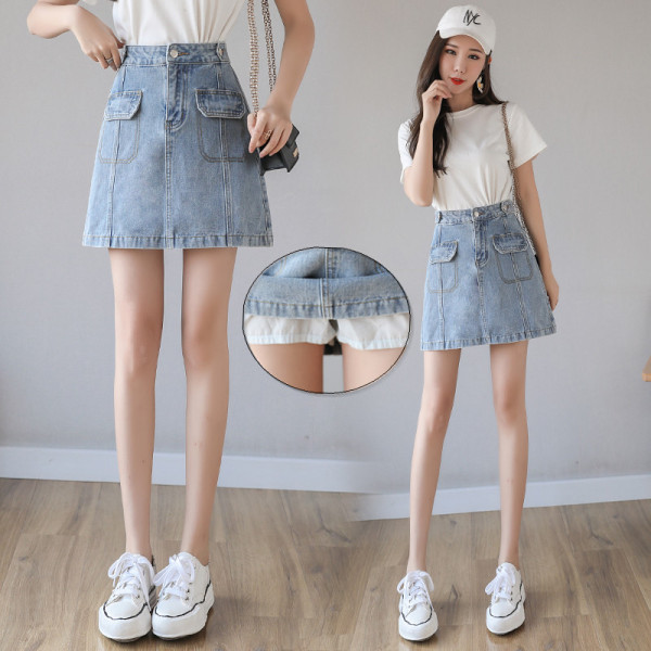 Ikdienas sieviešu īsi džinsa svārki ar kabatām un augstu vidukli