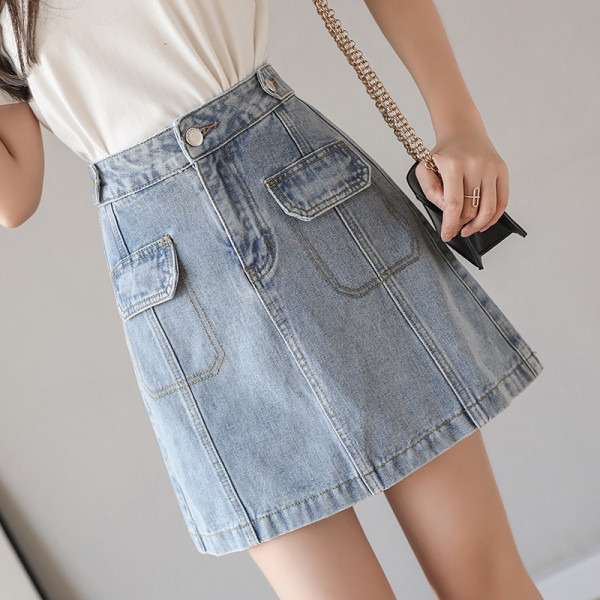 Ikdienas sieviešu īsi džinsa svārki ar kabatām un augstu vidukli