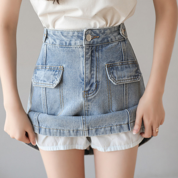 Ikdienas sieviešu īsi džinsa svārki ar kabatām un augstu vidukli