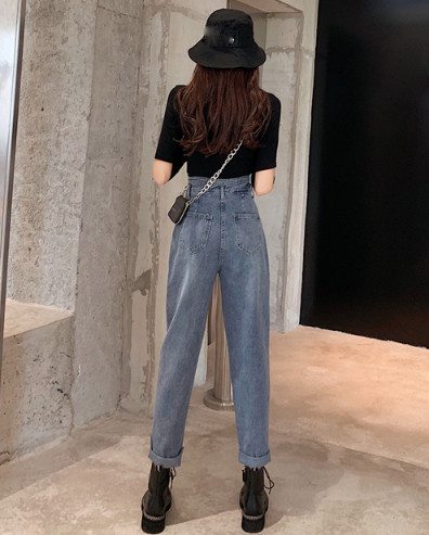 Нов модел сини пролетни дънки с висока талия широк модел