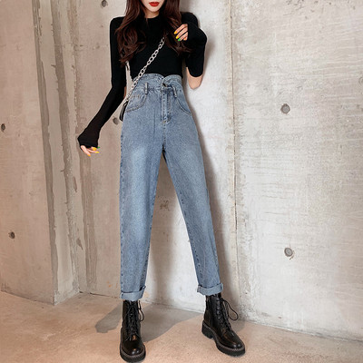 Нов модел сини пролетни дънки с висока талия широк модел