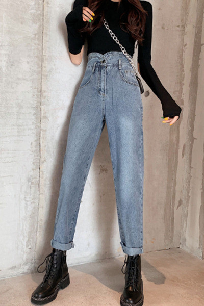 Нов модел сини пролетни дънки с висока талия широк модел