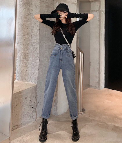 Нов модел сини пролетни дънки с висока талия широк модел