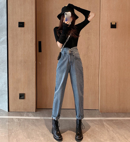 Нов модел сини пролетни дънки с висока талия широк модел