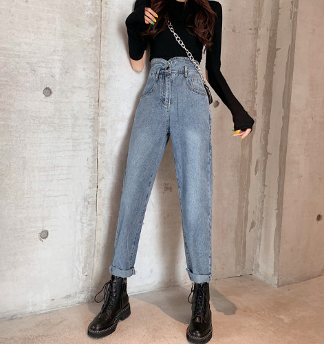 Нов модел сини пролетни дънки с висока талия широк модел