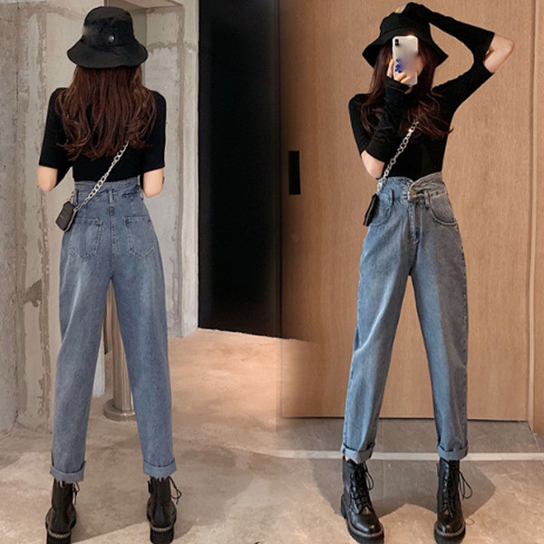 Нов модел сини пролетни дънки с висока талия широк модел