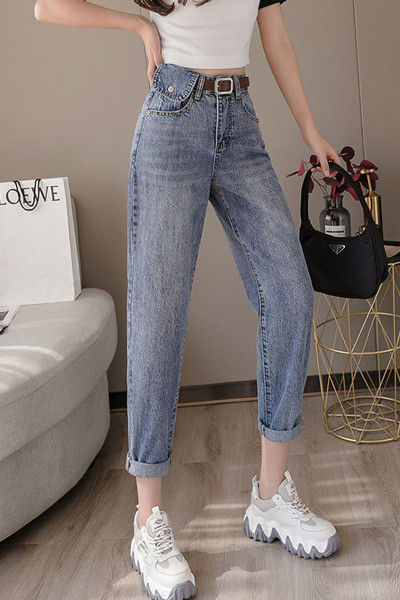 Moteriški viršutiniai džinsai aukštu juosmeniu tiesiu modeliu