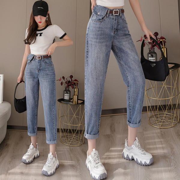 Moteriški viršutiniai džinsai aukštu juosmeniu tiesiu modeliu