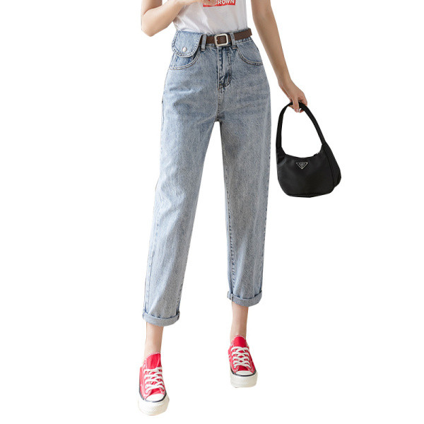 Moteriški viršutiniai džinsai aukštu juosmeniu tiesiu modeliu