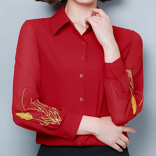 Cămașă de damă modernă cu broderie și guler clasic