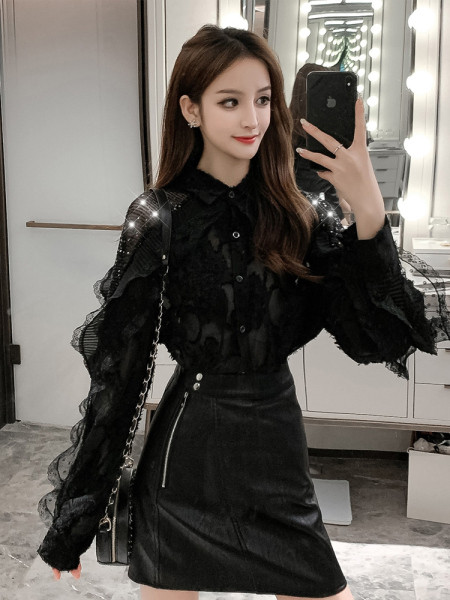 Moteriški modernūs nėriniuoti marškinėliai su klasikine apykakle