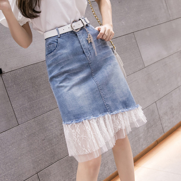 Női farmerszoknya, magas derékkal, tüllel és övvel