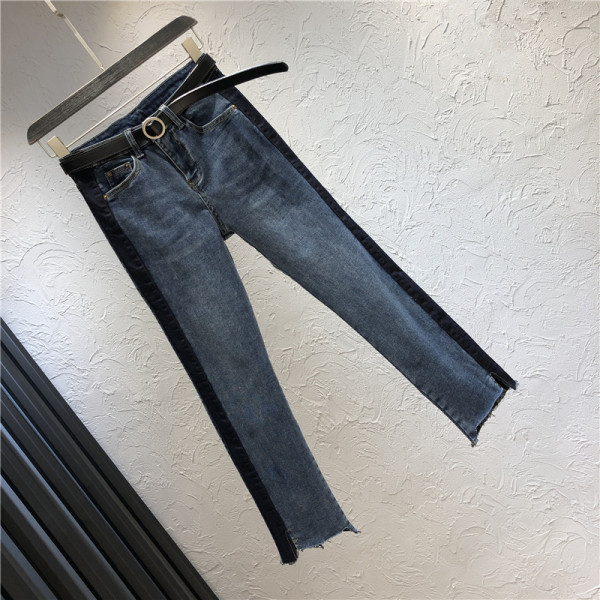 Alkalmi női hosszú farmernadrág szegéllyel és magas derékkal