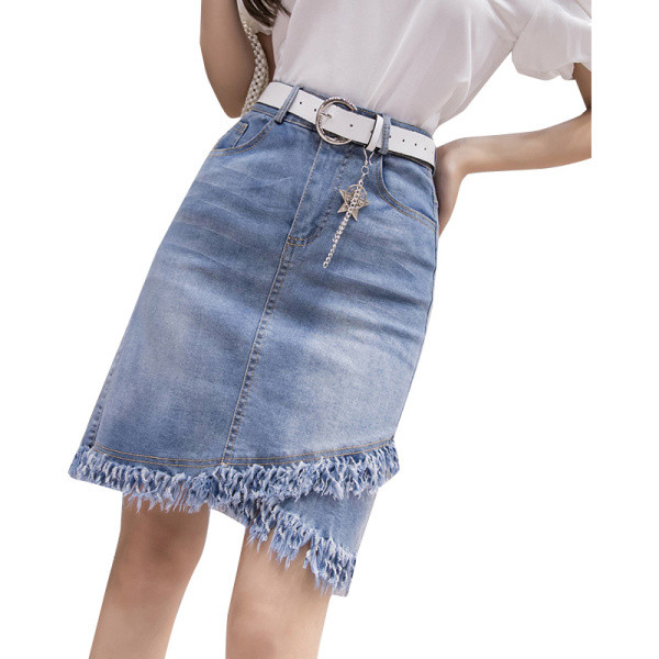 Új modell női farmerszoknya övvel, szakadt motívumokkal