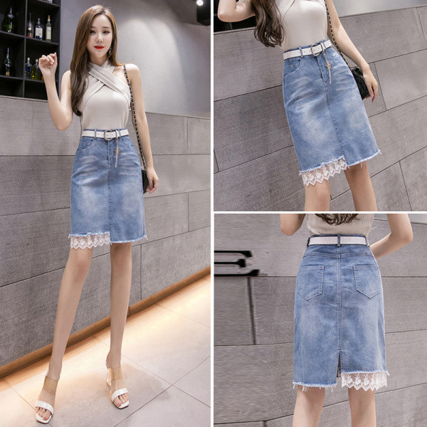 Fusta de dama din denim model nou cu talie inalta, curea si dantela