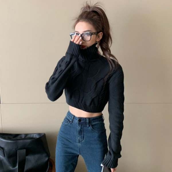 Kratki ženski džemper s visokim ovratnikom