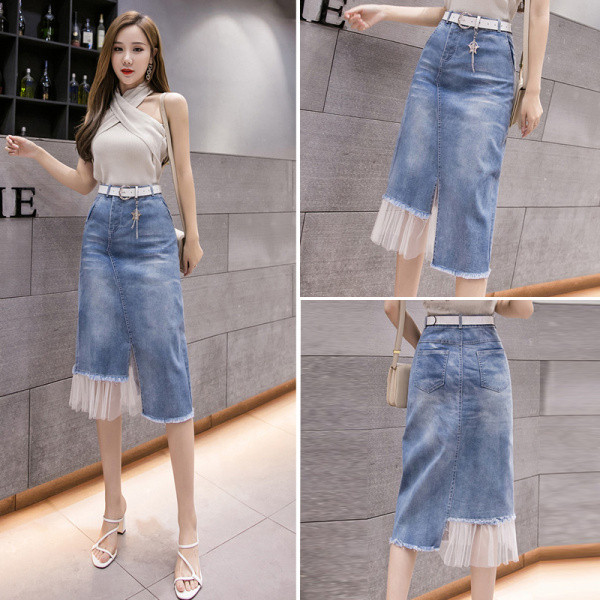 Fusta de dama actuala din denim cu tul si curea