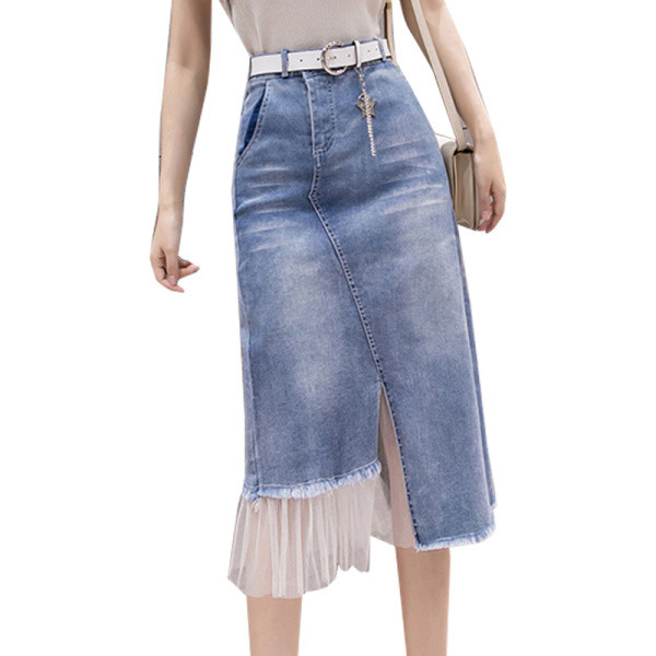 Fusta de dama actuala din denim cu tul si curea