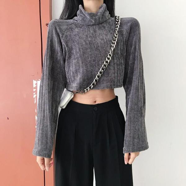 Īsa sieviešu pelēka blūze ar augstu apkakli