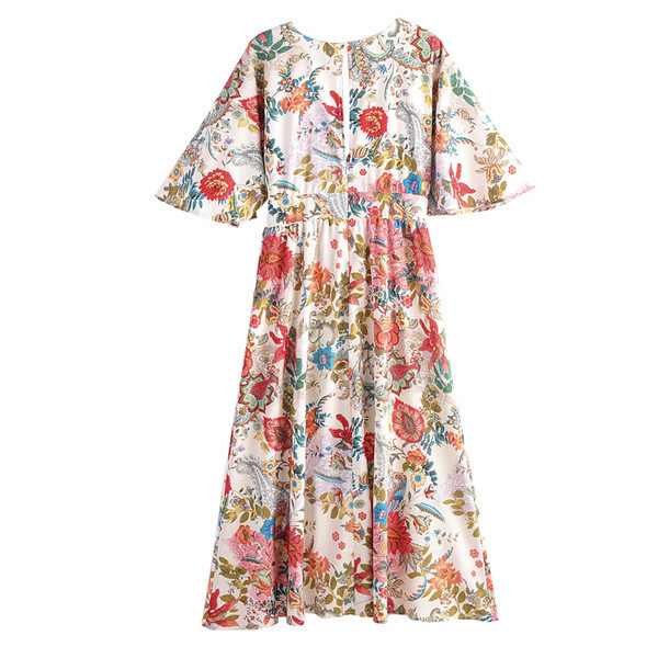 Лятна дамска рокля с лотос ръкав разкроен модел с флорален десен