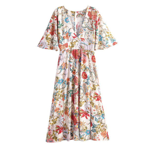 Лятна дамска рокля с лотос ръкав разкроен модел с флорален десен