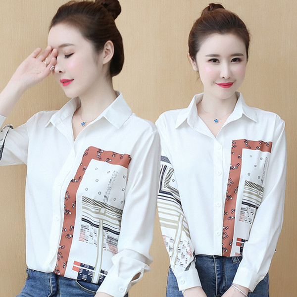 Moderns sieviešu balts krekls ar klasisku apkakli un aplikāciju