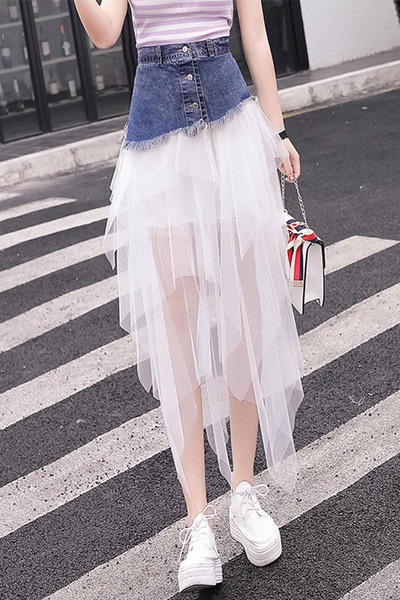 Női lezser farmerszoknya tülllel, magas derékkal