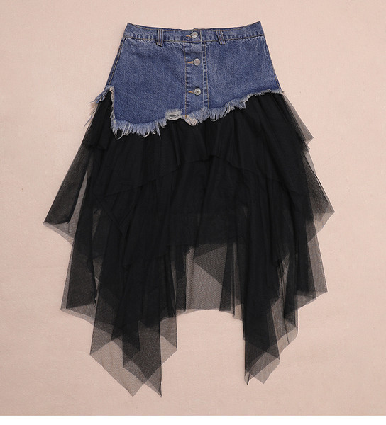 Női lezser farmerszoknya tülllel, magas derékkal