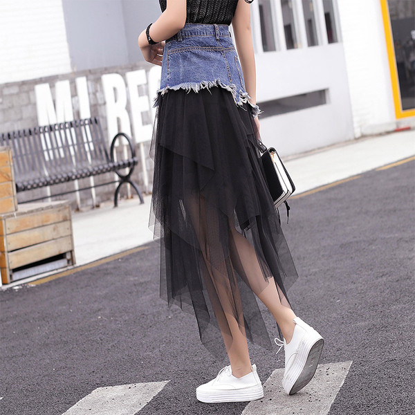 Női lezser farmerszoknya tülllel, magas derékkal