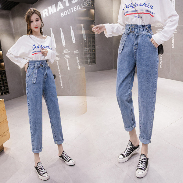 Blugi de dama cu talie inalta si model drept cu centura